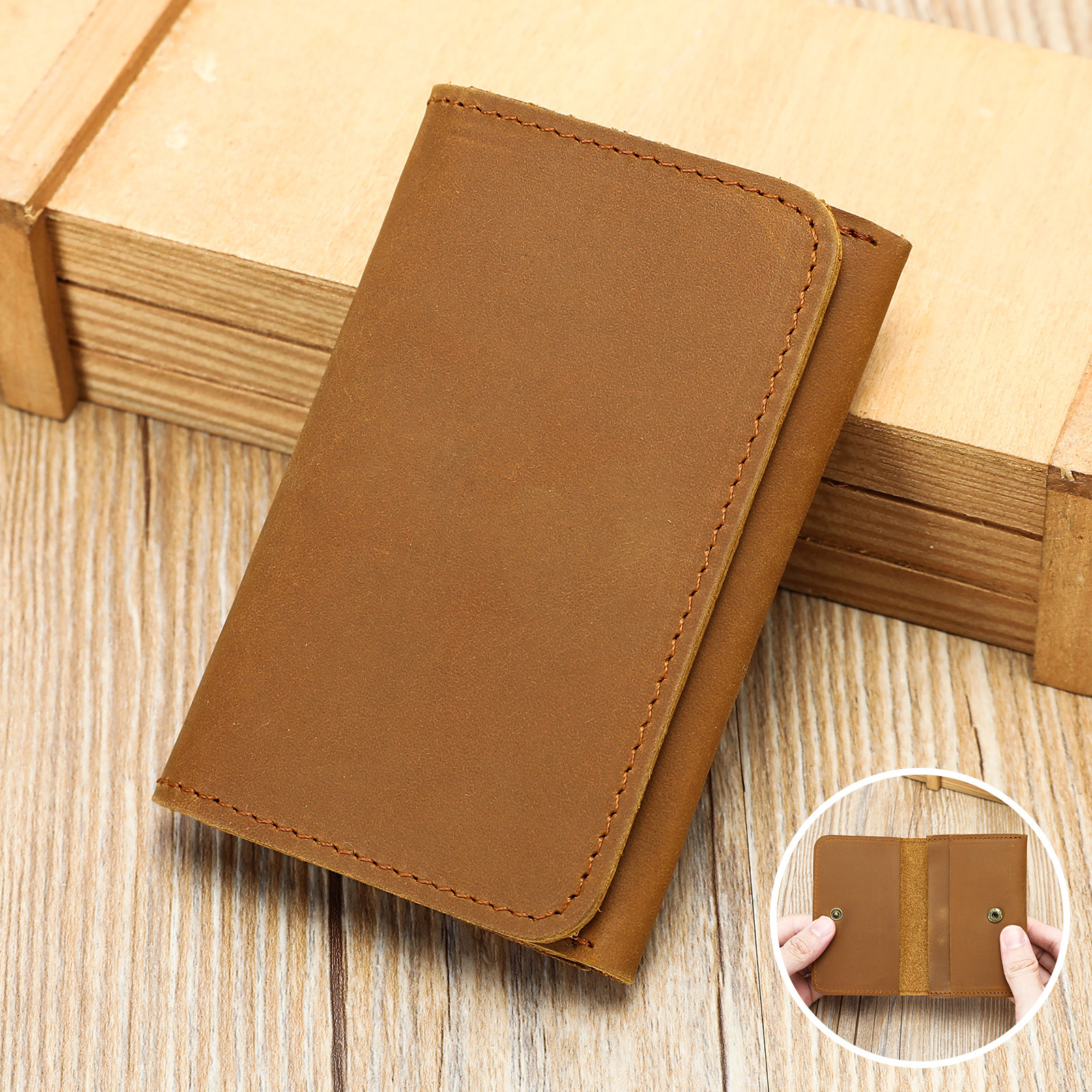 Ví da nam gập mini siêu mỏng phong cách retro, đựng thẻ và tiền xu du lịch — Màu nâu sẫm, màu nâu