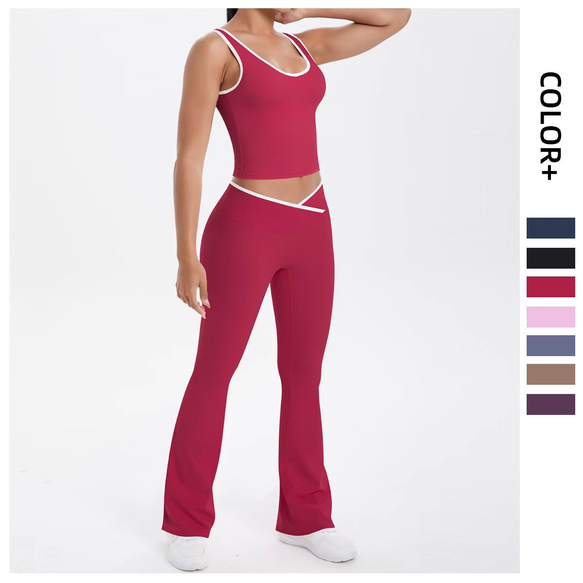 Cross-Border Sexy Beautiful Back Sports Bra Cross High Waist Contrasting Color Tight Nude Yoga Wide Leg Flared Pants Yoga Wear
