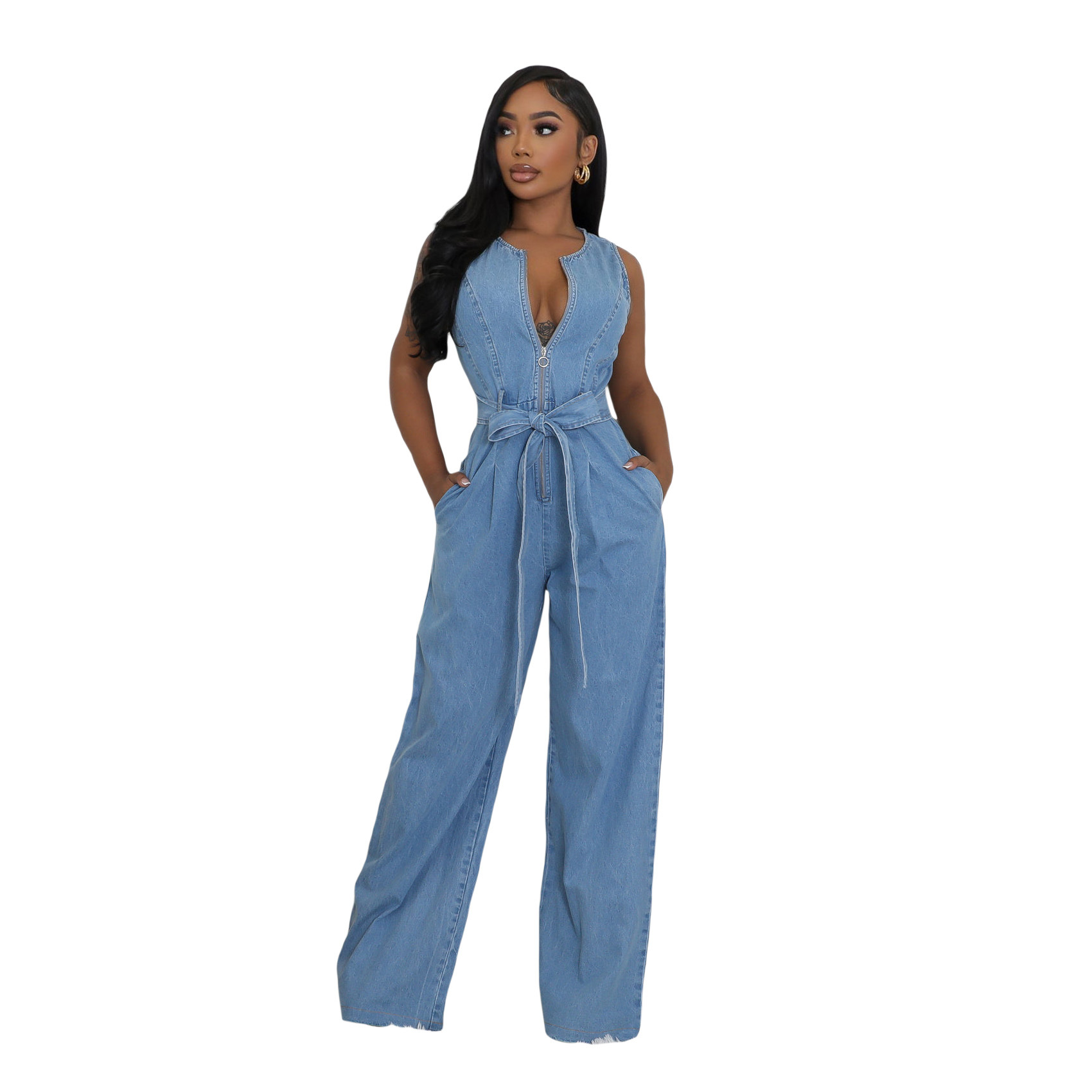 728g Weight Sleeveless Sleeve Length Full Length Pants Length Cotton, Denim Fabric Type High Waist Waist Line Jumpsuits Pants Type Bodysuits Tops Type Daily Occasion Loose Fit Type Solid Color Pattern Summer Season Women's Gender Belt Design Casual Style Women's Daily Bodysuits Casual Solid Color Full Length Belt Jumpsuits 8