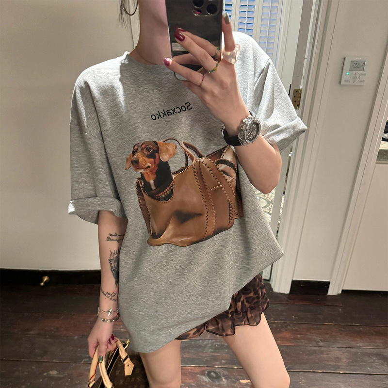 Pure Cotton Short-Sleeve T-Shirt for Women, 2026 New Style, Plus Size, Creative Design with Dog Print, Loose Half-Sleeve Top Pure Cotton Short-Sleeve T-Shirt for Women, 2026 New Style, Plus Size, Creative Design with Dog Print, Loose Half-Sleeve Top