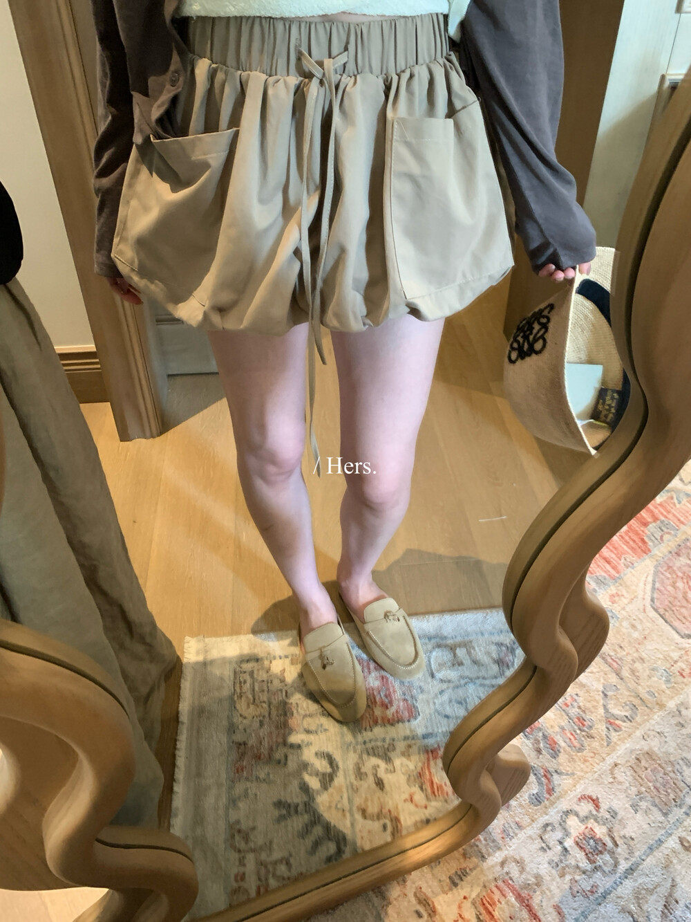 Quần short nữ cạp cao dáng nụ hoa thiết kế rút dây ống rộng thoải mái — Xanh da trờicolor, màu mơ, màu kaki chi tiết 9
