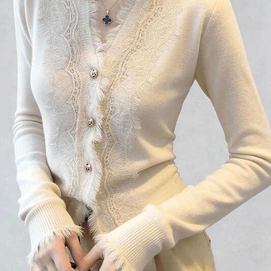 White Knitted Cardigan with Unique and Beautiful Lace Blouse Underneath, Women's Spring Stylish and Elegant Fringed Top