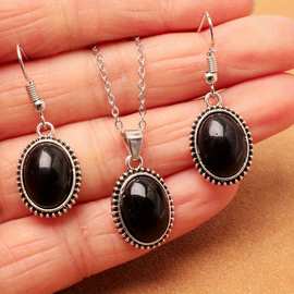 蓝菁 跨境欧美新款复古夸张镶黑色宝石首饰套装 西部风耳环项链