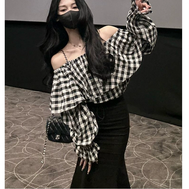 Костюм-юбка (жен.) клетчатый открытые плечи и рыбья юбка, в стиле Chanel, эффект подъёма