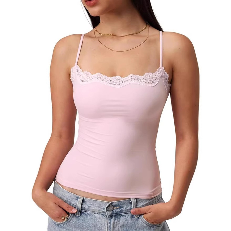 Lace Camisole with Shoulder Pads, Double-Layered Sexy Short Tank Top, Spaghetti Strap Nightclub Shirt