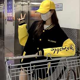 秋冬款字母印花美式复古棒球服女韩版新款宽松学生夹克外套上衣
