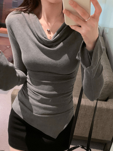 Pure desire hot girl one-shoulder trumpet long-sleeved shirt for women in spring and autumn irregular waist waist slim inner bottom shirt top