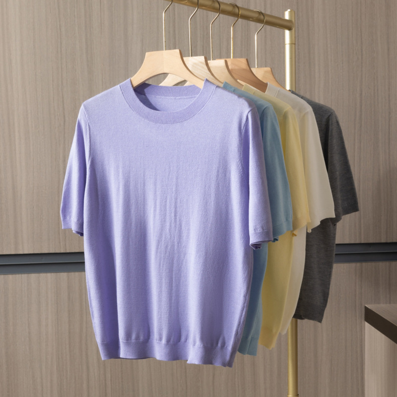 High-End Reputation Product B Eye-Acetate Wool Slimming Cotton Simple Thin Knitted Round Neck Short-Sleeved Women's