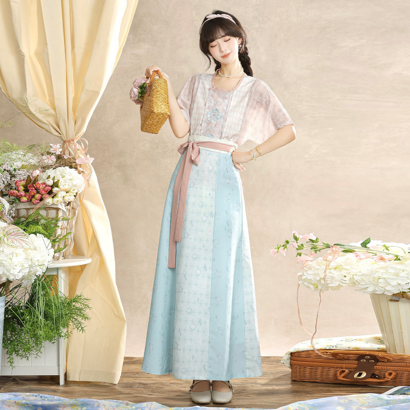 New Style【Shuyue】Song-Style Round-Neck Printed Top Original Hanfu Women's Ancient Style Set Fresh Everyday Spring and Summer Style