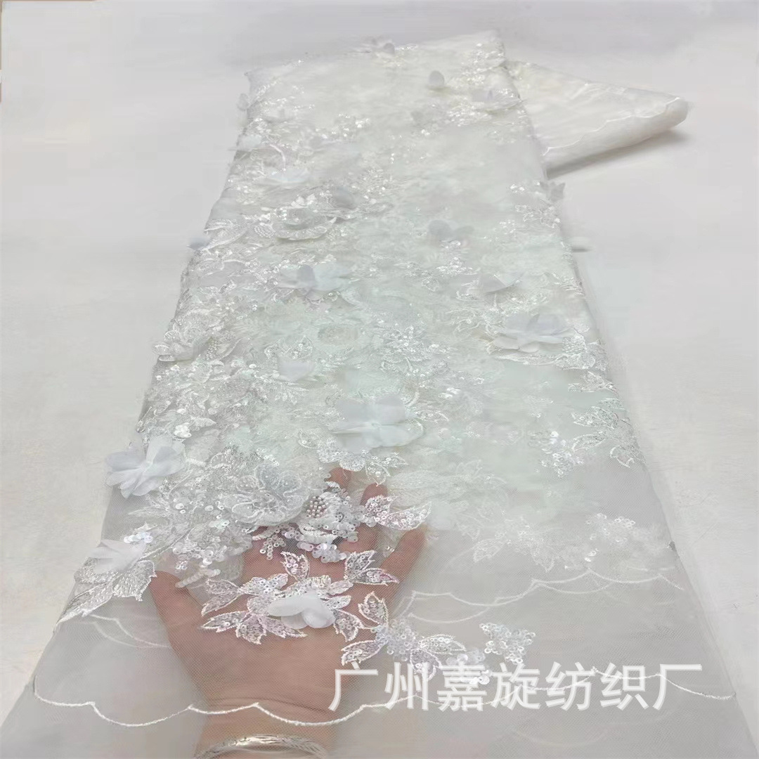 Vestido de novia blanco de tela de la industria pesada tubo de cuentas Placa de lentejuelas Flor tres en uno vestido de tela bordado vestido de encaje JX3619