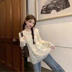 甜美蕾丝花边领打底衫女装秋季2025新款设计感中长款上衣韩系穿搭