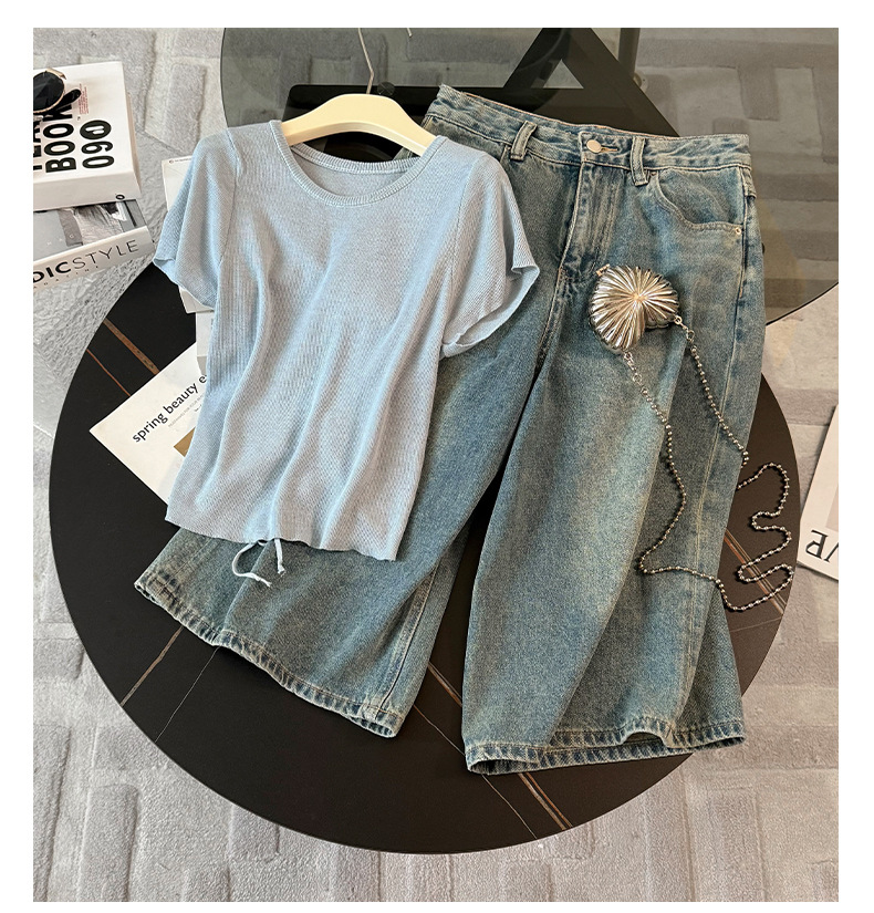Women's Clothing Women's Summer New Casual Sports Fashion Suit Round Neck Back Tie Hollow Short Sleeve Denim Pants Two Piece Suit_mkmklike.com