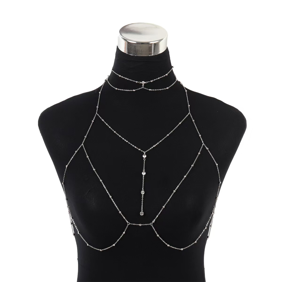 Europa y América exagerada sexy playa vacaciones cuerpo ropa cadena collar creativo rhinestone colgante borla collar cadena del pecho