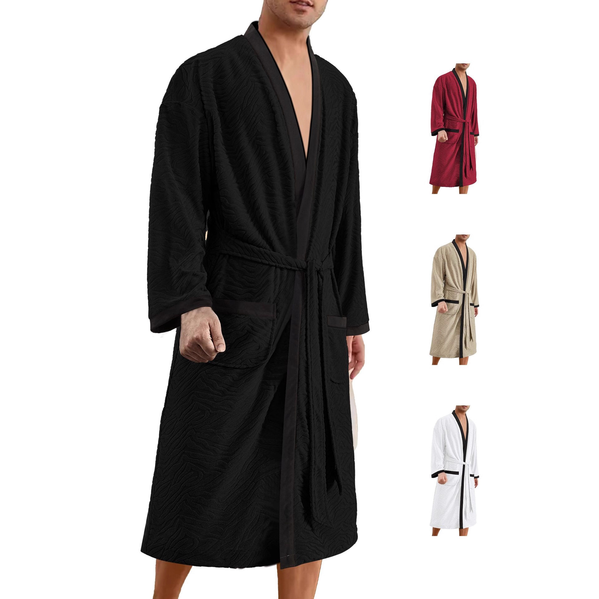 ​​Men's Long Robe With Jacquard Belt – Premium Soft Polyester Bathrobe For Home & Spa (S/M/L, Burgundy/Khaki/White/Black, Comfort)​​_voghion.com