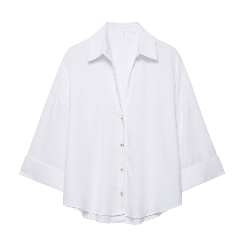 Striped Women's Blouse With Wide Sleeves And Turn-down Collar_voghion.com