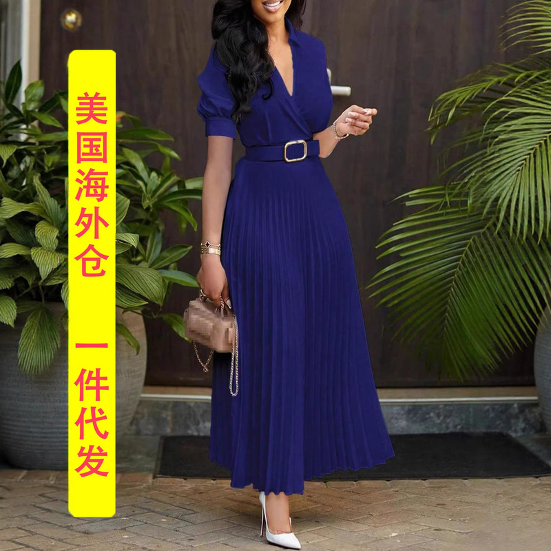 European and American Style Dress with Slim Fit, V-Neck, Short Sleeves, Elegant for Everyday Wear, Waist-Cinching Design, Height-Enhancing Design, Overseas Warehouse European and American Style Dress with Slim Fit, V-Neck, Short Sleeves, Elegant for Everyday Wear, Waist-Cinching Design, Height-Enhancing Design, Overseas Warehouse