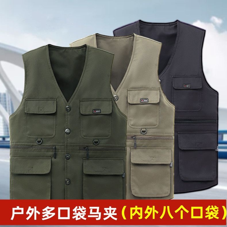 Spring and autumn season, middle-aged and elderly men's vest, fishing vest, large size, multiple pockets, thick outerwear vest, wholesale