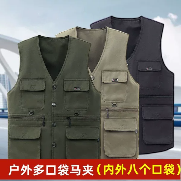 Spring and autumn season, middle-aged and elderly men's vest, fishing vest, large size, multiple pockets, thick outerwear vest, wholesale
