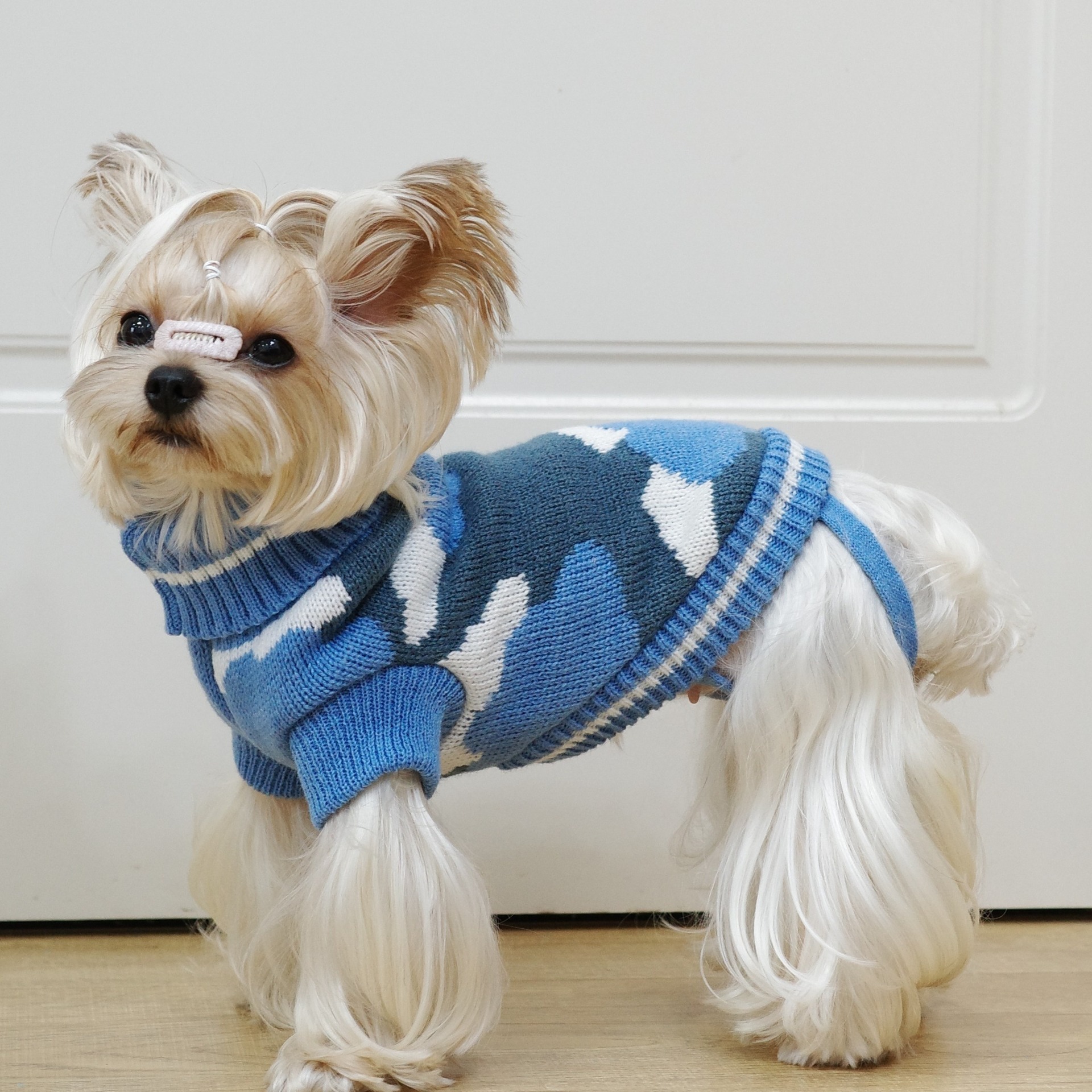 Pulover pentru câini Toamnă și iarnă Pulover tricotat Câine mic Teddy Bichon Animal de companie Haine calde Stil de camuflaj albastru