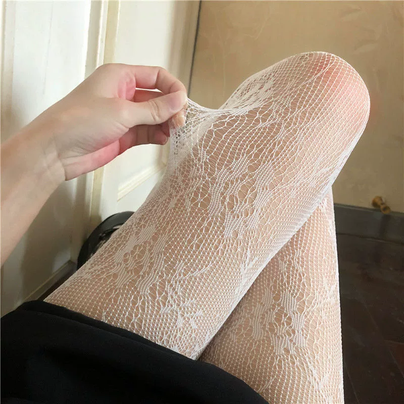 Тонкие кружевные эластичные колготки, стиль лолита, цветочная сеть, one size (подходят 40–80 кг)
