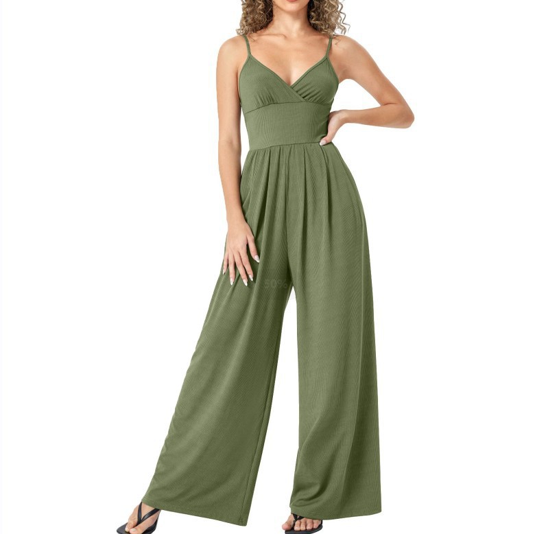 2023 europeo y americano Amazon AliExpress nuevo color sólido con cuello en V sexy Correa recta casual mono de mujer