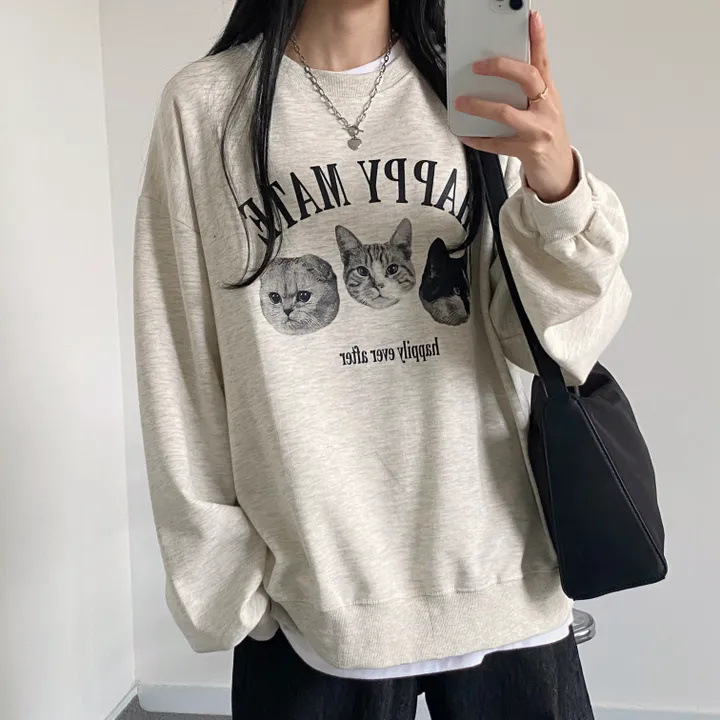 Cotton Korean style loose sports sweater Women's Spring Autumn Winter casual round neck pullover thin fleece-lined cartoon cat fashion Cotton Korean style loose sports sweater Women's Spring Autumn Winter casual round neck pullover thin fleece-lined cartoon cat fashion