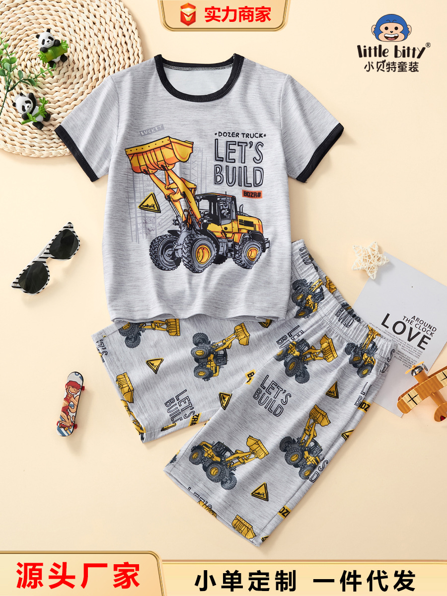 2025 New Summer Boys Short-Sleeved Shorts Suit Boys Cartoon Animation European and American Style Suit for Children and Middle-Aged Children