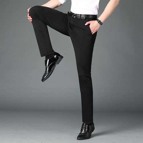 Summer and Autumn Lightweight Men's Stretch Milk Silk Business Pants with Four-Way Elastic, Smooth Men's Casual Pants