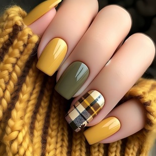 Medium and Long European Square Manicure, Yellow Manicure, Dark Green Manicure, Brown Stripesd Manicure, Colorful Mix and Match