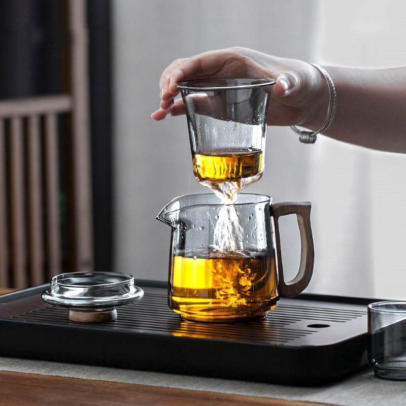 Oficina de vidrio transparente de borosilicato mango de madera tetera de flores hogar simple separación de Té de doble propósito olla