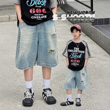 男童牛仔中裤儿童2025夏季新款韩版格破破洞中大童潮酷牛仔中裤