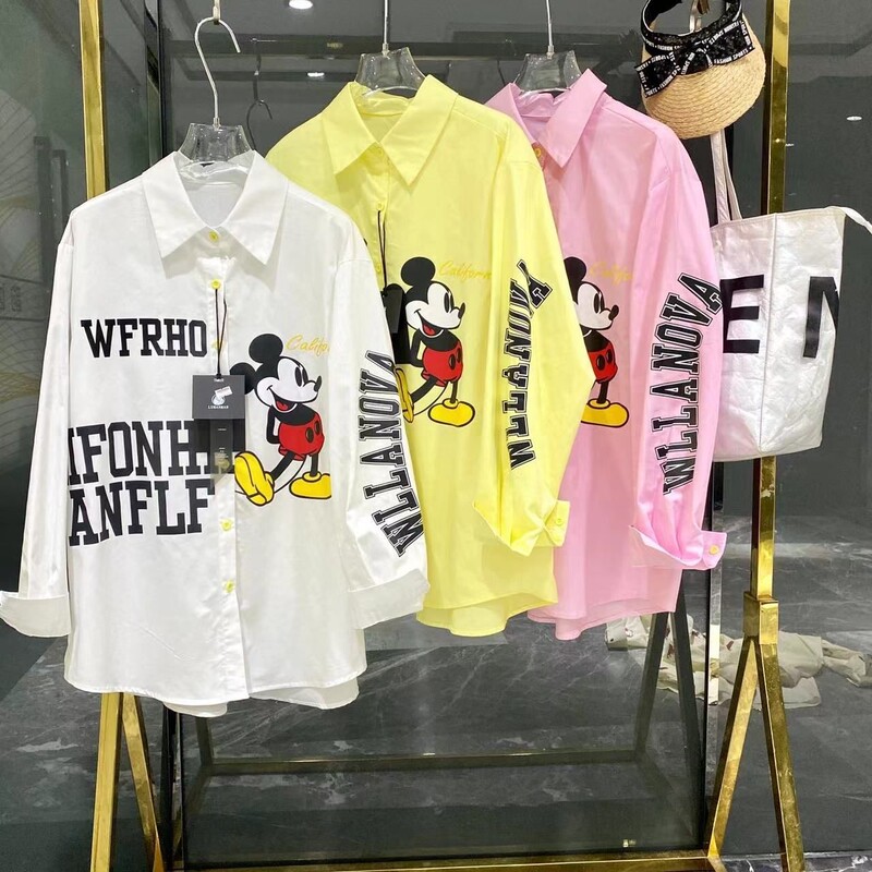 2025 New Autum Cartoon Mickey Letter Print Candy Color Large Version Trendy Brand Fashion Casual Shirt for Women