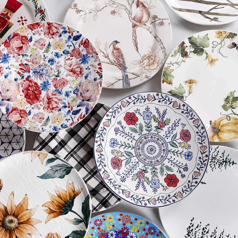 睿创 美式创意彩绘盘子出口11英寸陶瓷西餐牛排意面大盘批发 微瑕