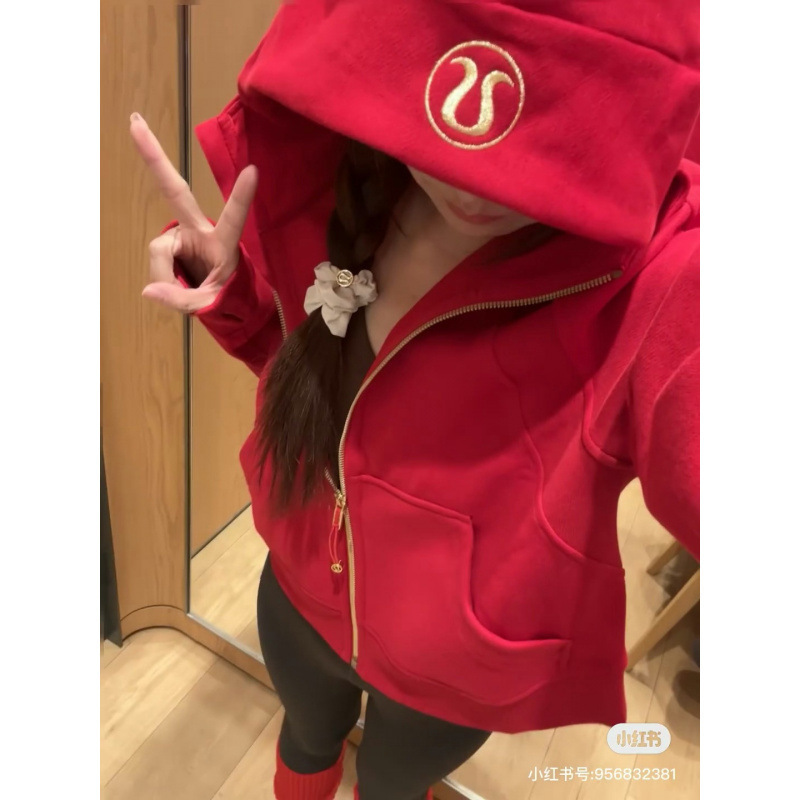 Lulu Embroidered Original Label Scuba Sweatshirt Loose Full-Zip Hooded Yoga Sports Jacket Fleece-Lined Warm Top