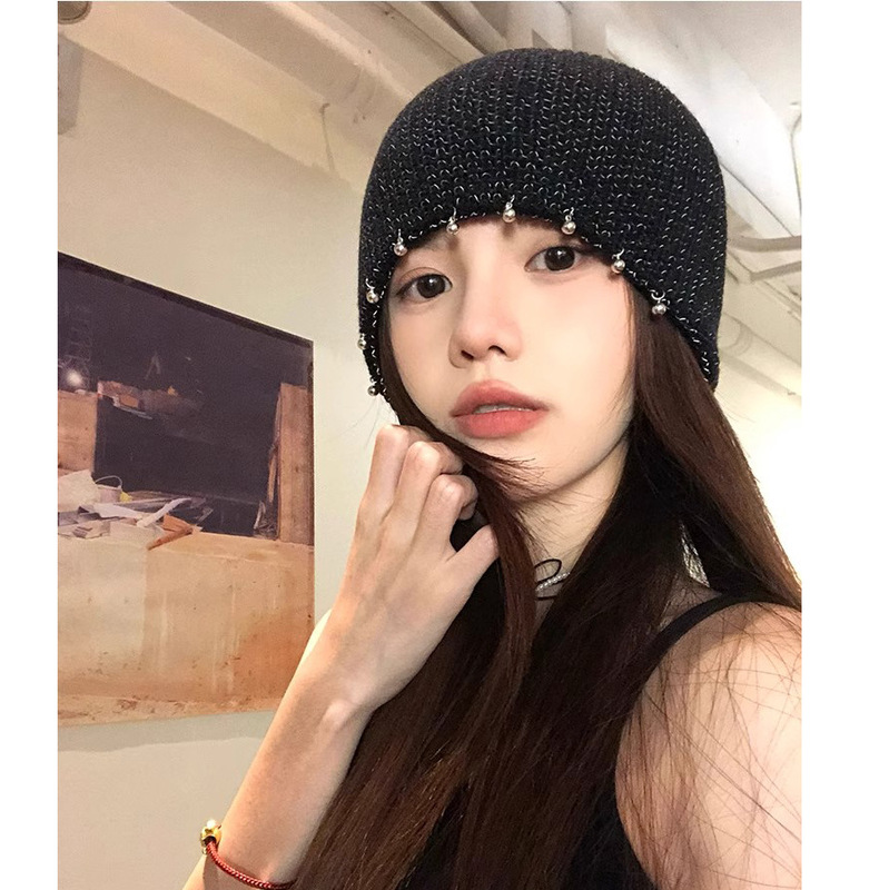 韩国ins辣妹堆堆帽女百搭时尚手工针织镂空显脸小亮丝酷包头冷帽|undefined