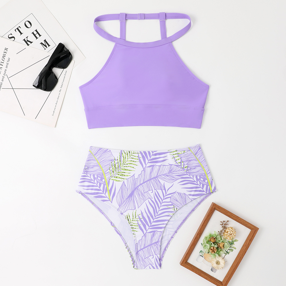 Bikini dividido para mujer, chaleco de cintura alta y pantalón con estampado, nuevo estilo Amazon