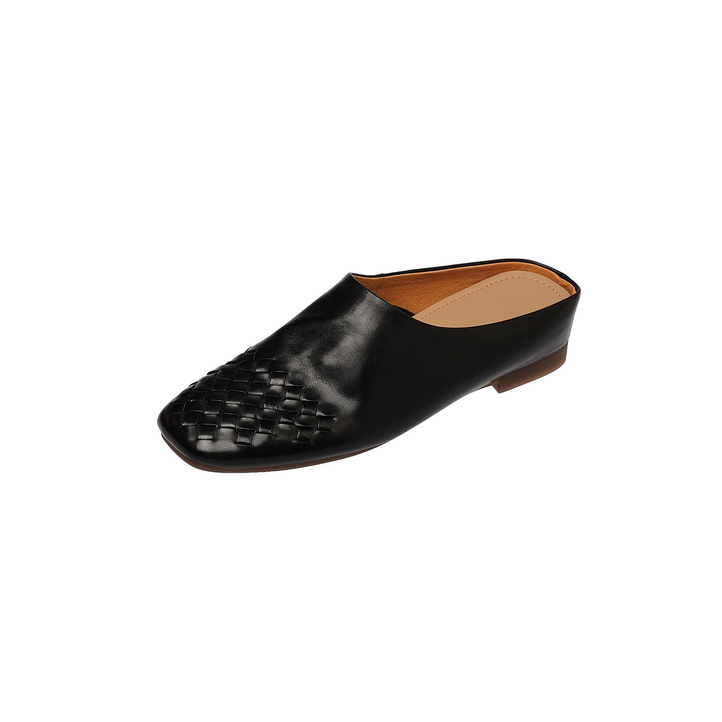 Dép mule nữ da bò mũi nhọn đế bệt kiểu dệt vintage — đen chi tiết 25