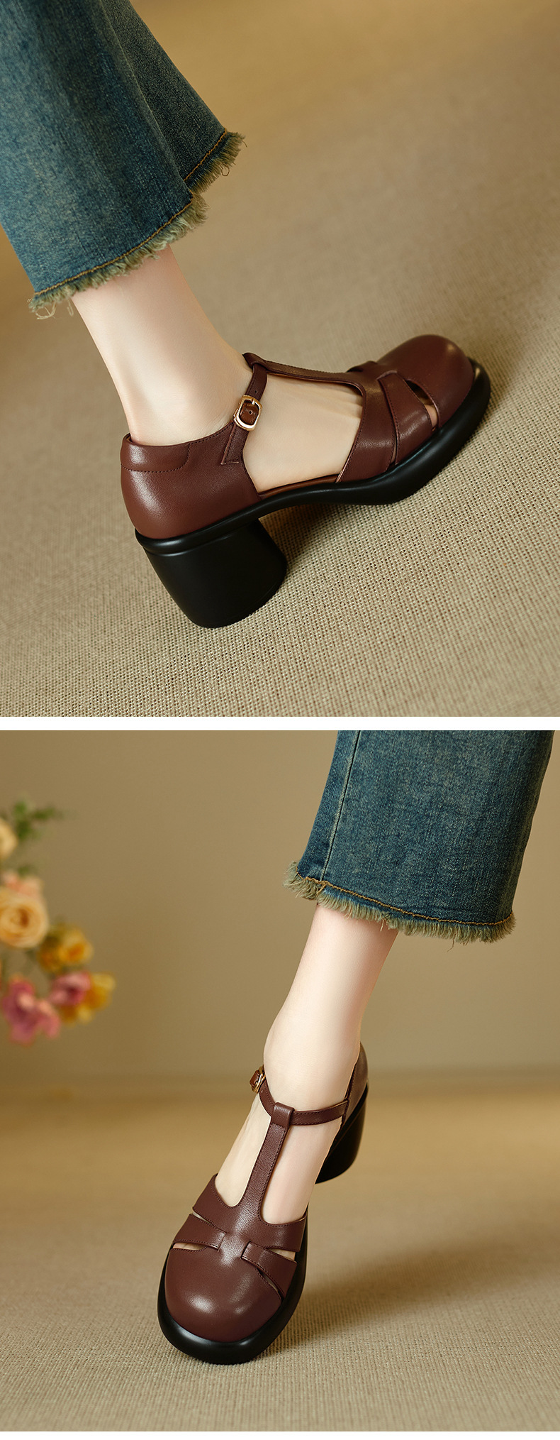 Sandal cao gót nữ mũi kín gót 7.5 cm phong cách vintage quai chữ T — màu nâu chi tiết 5