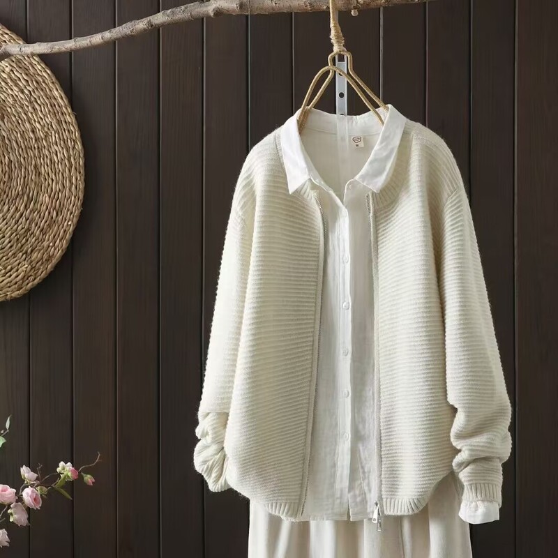Round Neck Simple Loose Versatile Solid Color Zipper Women's Knit Sweater Cardigan Autumn Winter New Sweater Cardigan Top
