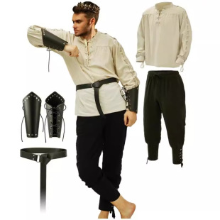 4Pcs Halloween Men Renaissance Costume Set Medieval Pirate Shirt Ankle Strap Pants