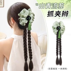 かつらのお下げの子供の新しい中国式の山の青い水墨のフリンジは麻の花を挟んでお下げをねじってシミュレーションします。