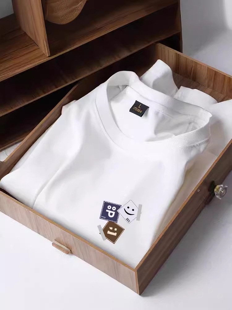 Verano de Hong Kong blanco cuadrado seda de hielo de cuello redondo camiseta de hombre impresa casualidad vintage camiseta de pareja