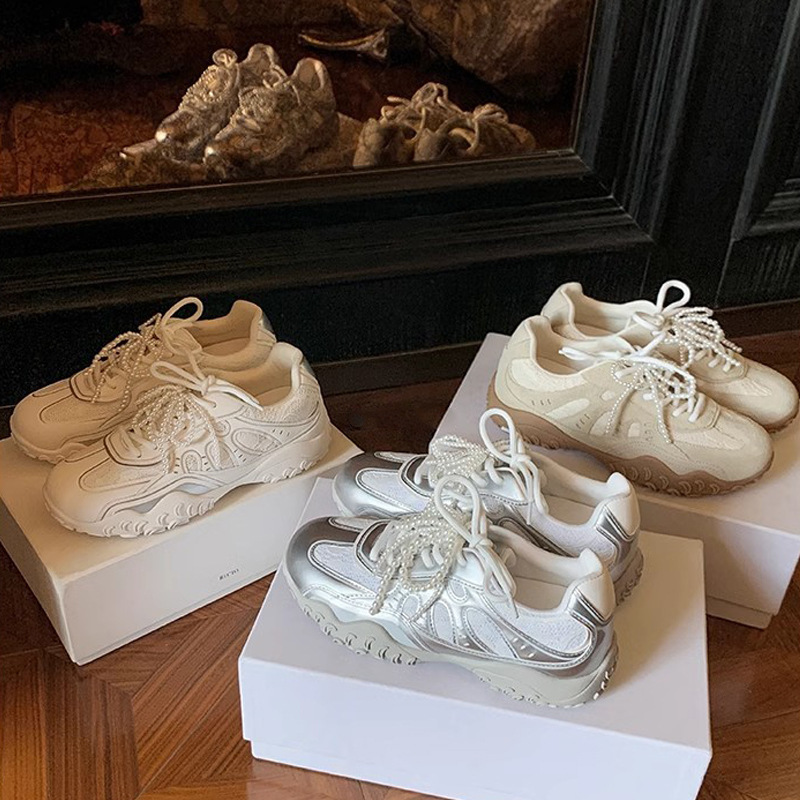 2026 Spring Genuine Leather Women's German Training Shoes with Crescent Sole, Hidden Heel, Lace, Pearl, Casual German Training Shoes, Women's Forrest Gump Shoes