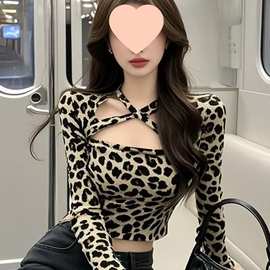 辣妹风气质豹纹短款上衣女秋季设计感小众修身长袖t恤性感打底衫