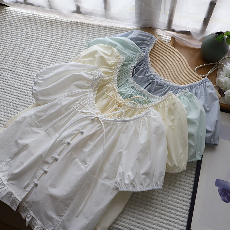 [Bi Zheng] 2025 Summer New Korean Style Sweet Lace Shirt Women's Short-Sleeved Babydoll Shirt 3866