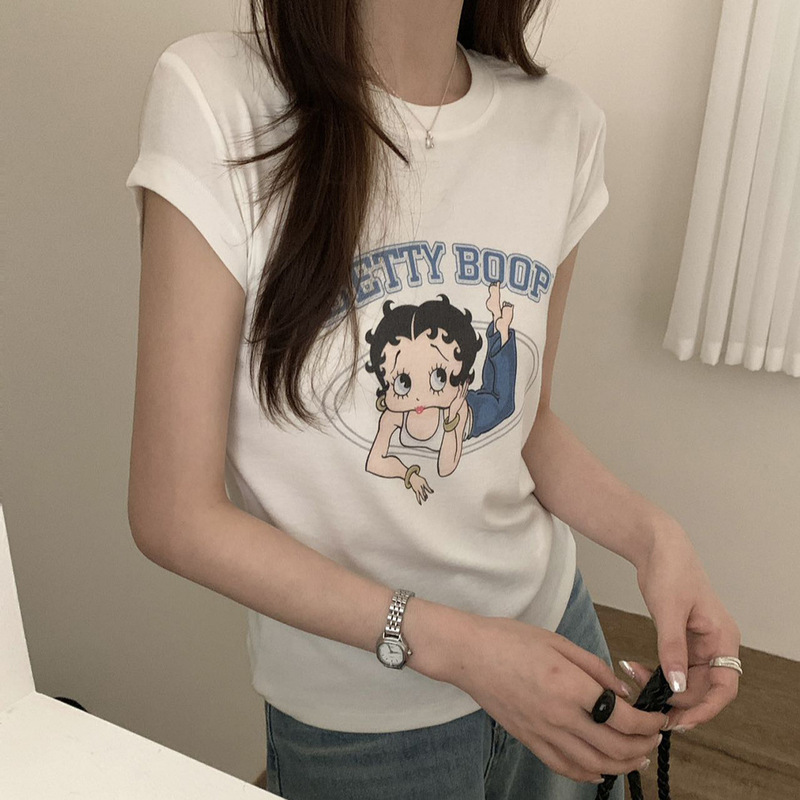 Korean Dongdaemun Summer New Style Meng Betty Printed Short-Sleeve T-Shirt for Women with Small Flying Sleeves Design, Age-Reducing Top