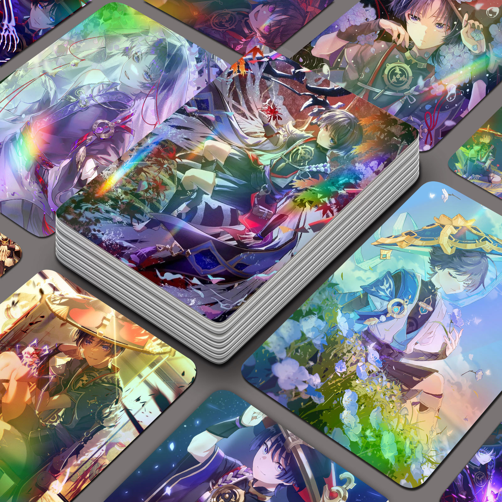 56-Card Collection of Genshin Impact Anime-Themed, Non-Repeating, Laminated Small Cards with Rounded Corners and LOMO Design