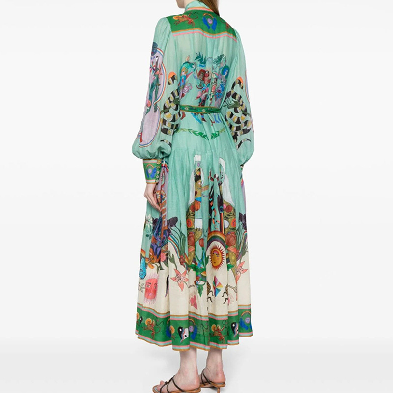 Women's Dress With Personalized Graffiti Lantern Sleeves, Printed Lapel, Cinched Waist And Large Swing_ecoleips.com