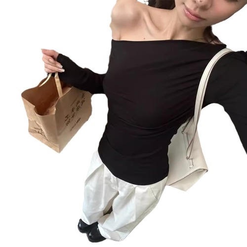 Pure Desire Hot Girl Body Shaping Slimming Off-the-Shoulder Long Sleeve T-Shirt Women Early Autumn Design Sense Versatile Base Shirt Student Top