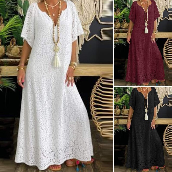 Fashion summer dress women's elegant V-neck short sleeve casual long dress lace crocheted holiday 2023 Women's Fashion summer dress women's elegant V-neck short sleeve casual long dress lace crocheted holiday 2023 Women's
